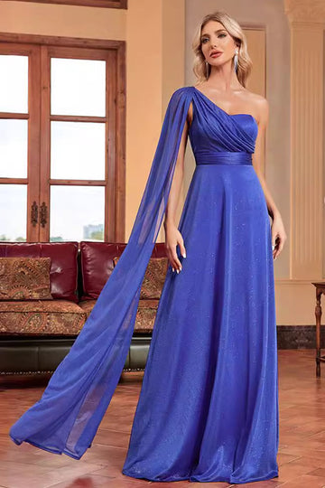 Bleu royal une épaule avec banderole une ligne froncée robe de demoiselle d’honneur longue